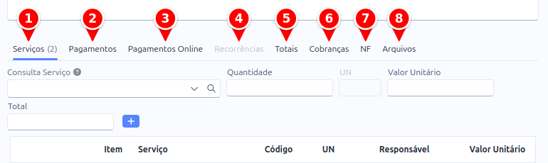 Abas do contrato: Serviços, Pagamentos, Pagamentos Online, Recorrências, Totais, Cobranças, NF e Arquivos, numeradas de 1 a 8
