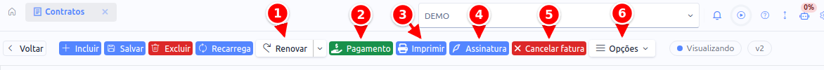 Barra de ferramentas do contrato com os botões Renovar, Pagamento, Imprimir, Assinatura, Cancelar fatura e Opções numerados de 1 a 6