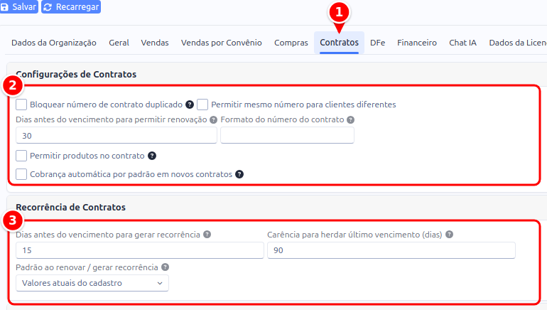 Aba Contratos da configuração com os cards Configurações de Contratos e Recorrência de Contratos numerados de 1 a 3