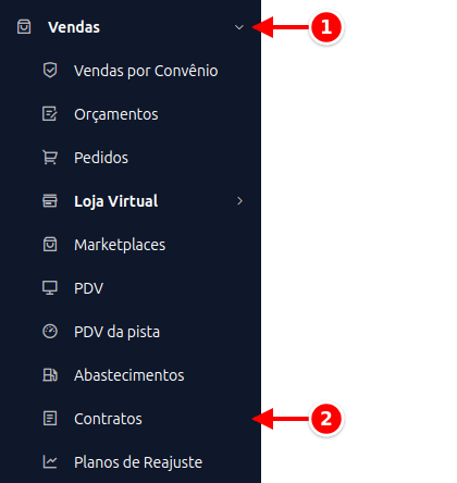 Menu lateral com Vendas e Contratos numerados de 1 a 2
