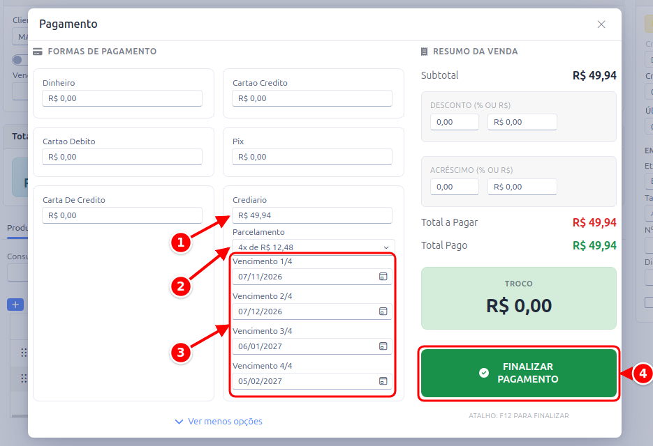 Janela de pagamento com o crediário em 4x, a data de vencimento de cada parcela e o botão Finalizar Pagamento numerados de 1 a 4