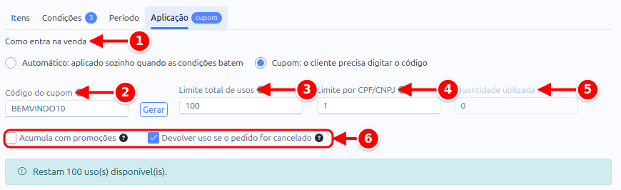 Aba Aplicação de um cupom com o código, os limites de uso e as opções do cupom numerados de 1 a 6