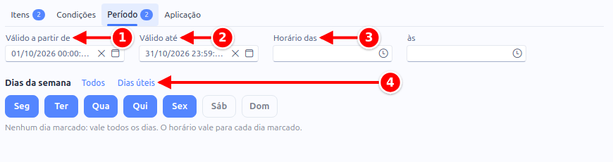 Aba Período com as datas de início e fim, o horário e os dias da semana numerados de 1 a 4