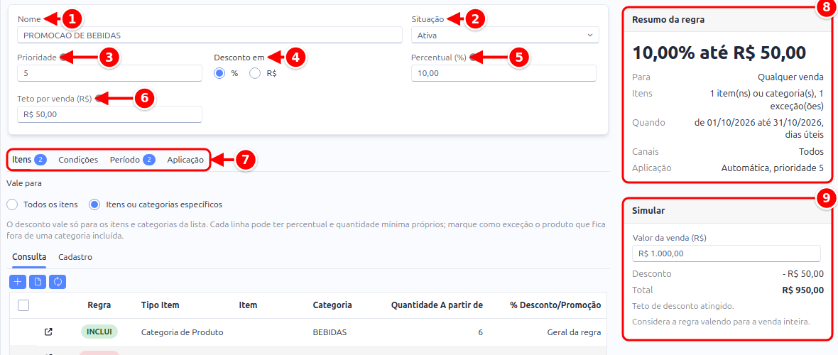 Cadastro de desconto com o nome, a situação, a prioridade, o valor do desconto, as abas, o resumo da regra e o simulador numerados de 1 a 9