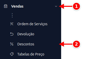 Menu lateral com Vendas e Descontos numerados de 1 a 2
