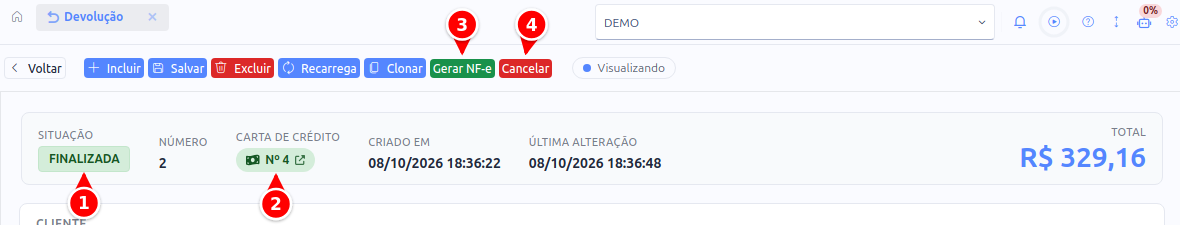 Devolução finalizada com a situação, a carta de crédito e os botões Gerar NF-e e Cancelar numerados de 1 a 4