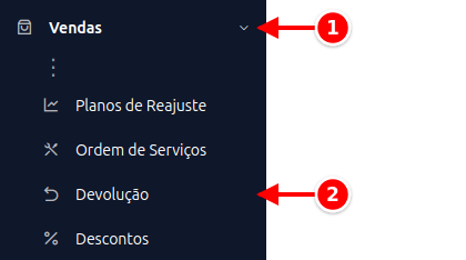 Menu lateral com Vendas e Devolução numerados de 1 a 2