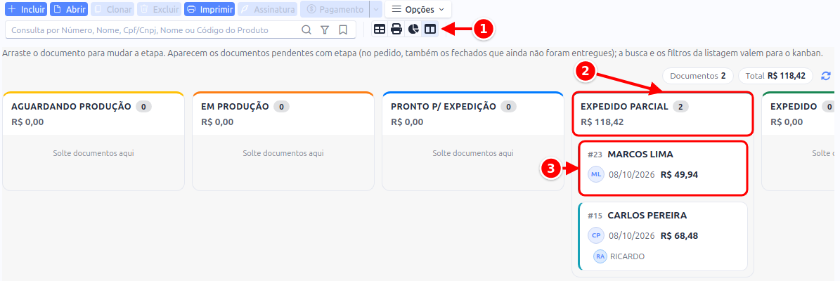 Kanban de pedidos por etapa com o botão Kanban, a coluna da etapa e o cartão do pedido numerados de 1 a 3