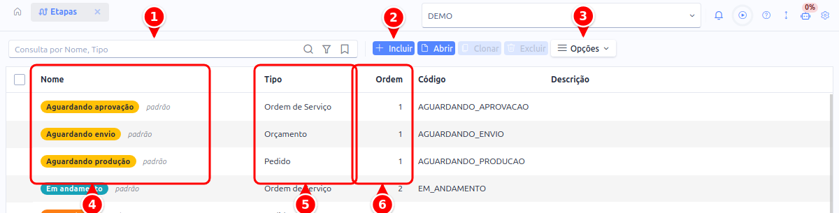 Listagem de etapas com a consulta, os botões Incluir e Opções e as colunas Nome, Tipo e Ordem numerados de 1 a 6