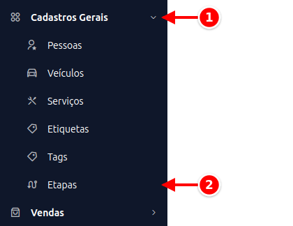 Menu lateral com Cadastros Gerais e Etapas numerados de 1 a 2