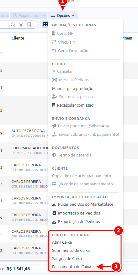 Menu Opções da tela de Pedidos com o botão Opções, a seção Funções de Caixa e o item Fechamento de Caixa numerados de 1 a 3