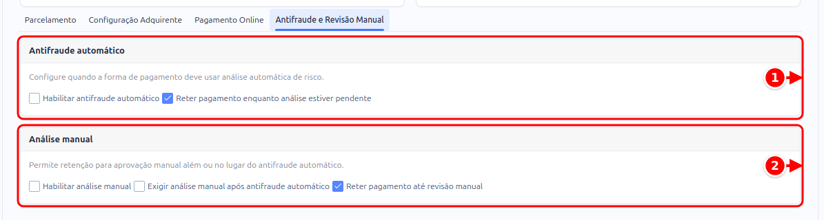 Aba Antifraude e Revisão Manual com os quadros Antifraude automático e Análise manual numerados de 1 a 2