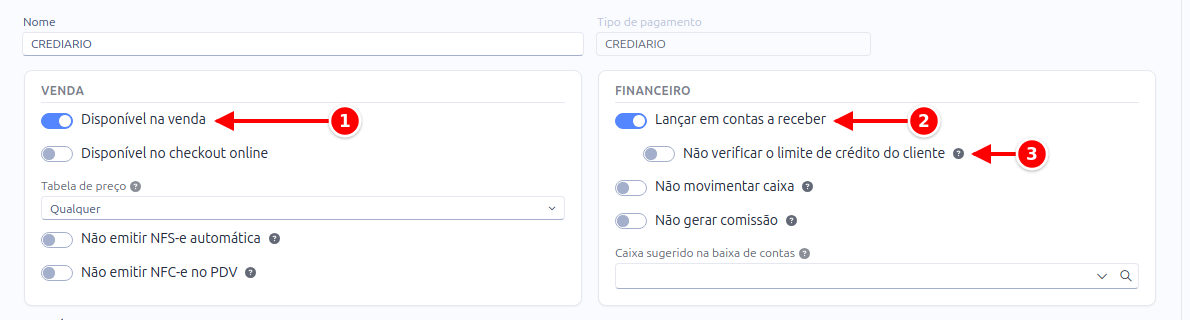 Forma de pagamento CREDIARIO com as chaves Disponível na venda, Lançar em contas a receber e Não verificar o limite de crédito numerados de 1 a 3