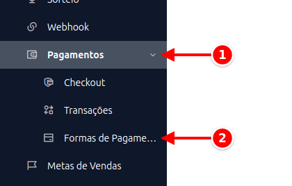 Menu lateral com Pagamentos e Formas de Pagamento numerados de 1 a 2