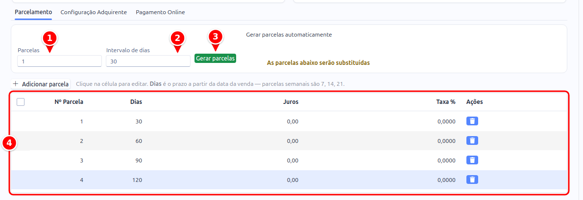 Aba Parcelamento com as parcelas, o intervalo, o botão Gerar parcelas e a grade numerados de 1 a 4