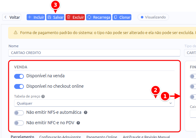 Cadastro da forma de pagamento com o cartão Venda, o campo Tabela de preço e o botão Salvar numerados de 1 a 3