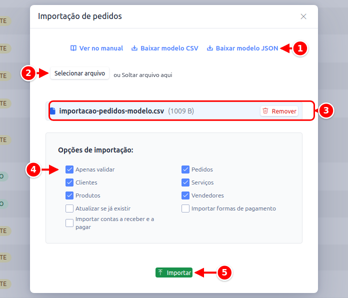 Janela Importação de pedidos com os links, a seleção de arquivo, o arquivo escolhido, as opções e o botão Importar numerados de 1 a 5
