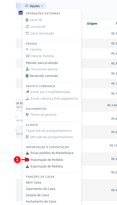 Menu Opções da listagem de pedidos com o item Importação de Pedidos numerado com o 1