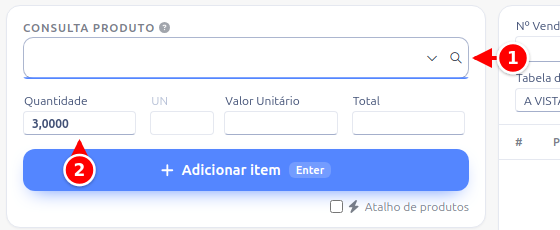 Campo Consulta produto vazio e Quantidade já preenchida com 3 depois de digitar 3 e asterisco, numerados de 1 a 2