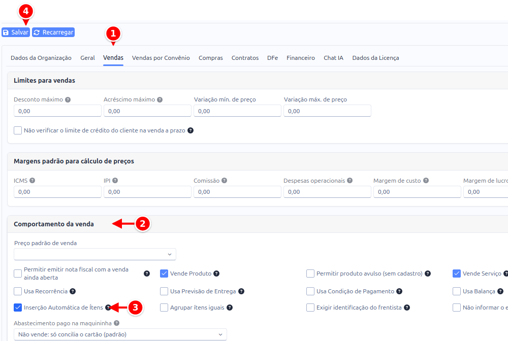 Configuração de vendas com a aba Vendas, o quadro Comportamento da venda, a opção Inserção Automática de Ítens e o botão Salvar numerados de 1 a 4