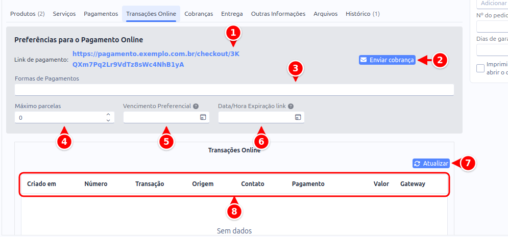 Aba Transações Online do pedido com o link de pagamento, o botão Enviar cobrança, os ajustes e a lista de transações numerados de 1 a 8