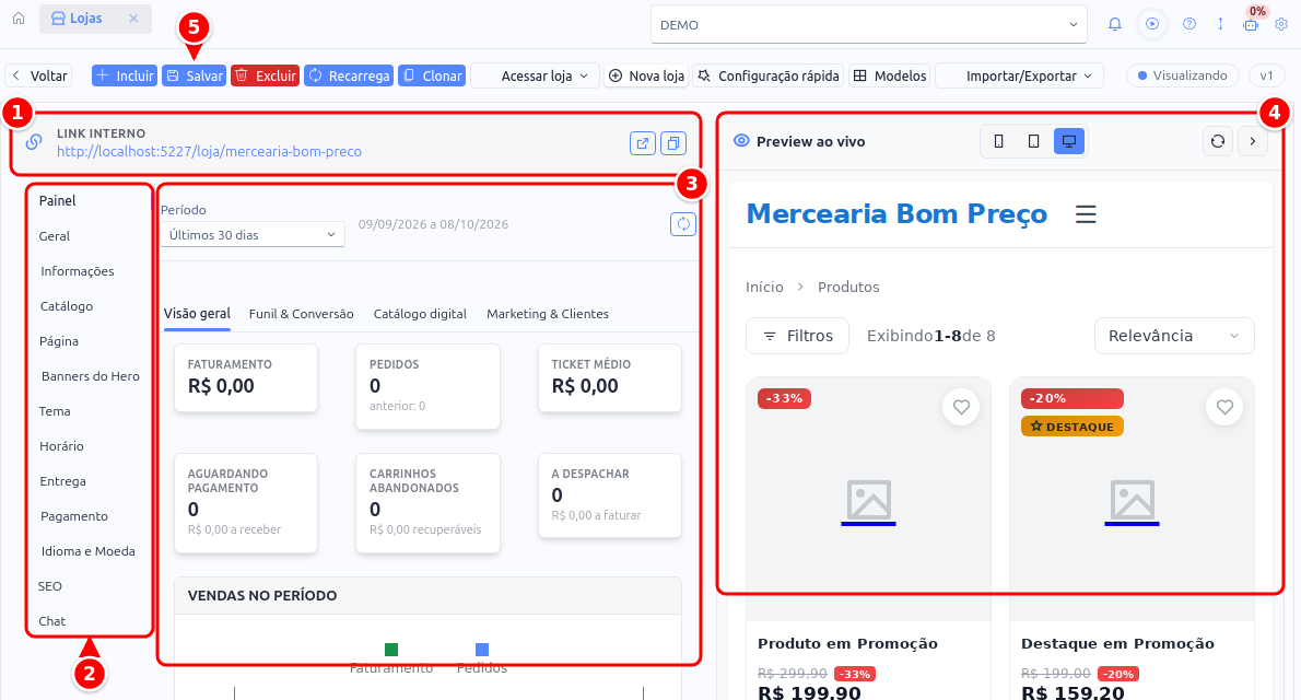 Tela de uma loja com o link interno, as abas laterais, a área da aba, o preview ao vivo e o botão Salvar numerados de 1 a 5