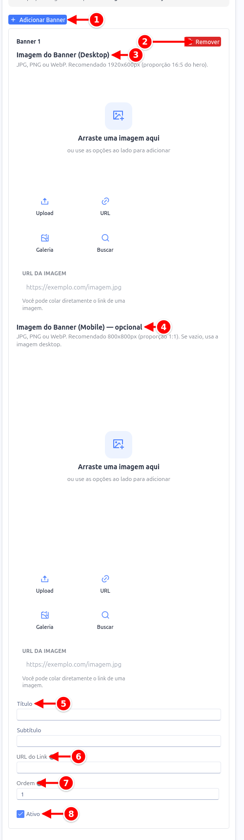 Aba Banners do Hero com um banner aberto, com o botão de adicionar, o botão de remover, as imagens, os textos, a ordem e o campo Ativo numerados de 1 a 8