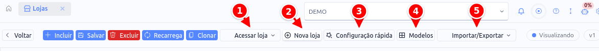 Barra de ferramentas da tela de Lojas com os botões Acessar loja, Nova loja, Configuração rápida, Modelos e Importar/Exportar numerados de 1 a 5