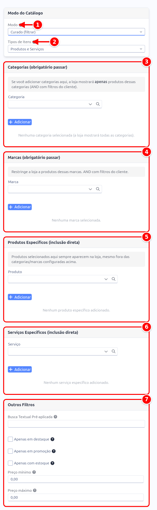 Aba Catálogo no modo Curado, com os cards de categorias, marcas, produtos, serviços e outros filtros numerados de 1 a 7