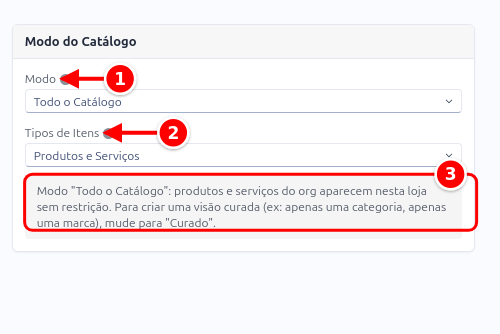 Card Modo do Catálogo no modo Todo o Catálogo, com o modo, os tipos de itens e o aviso numerados de 1 a 3