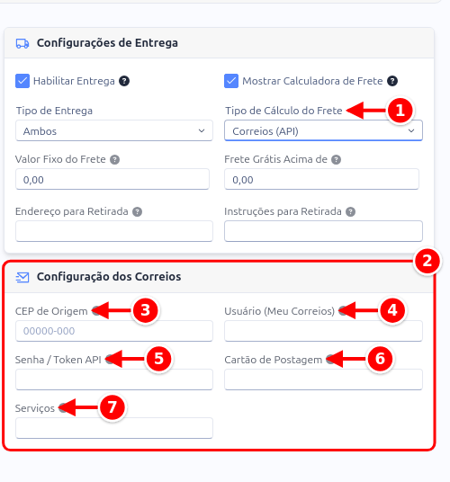 Aba Entrega com o cálculo pelos Correios e o card Configuração dos Correios, com os campos numerados de 1 a 7