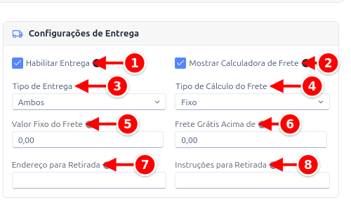 Card Configurações de Entrega com os campos numerados de 1 a 8