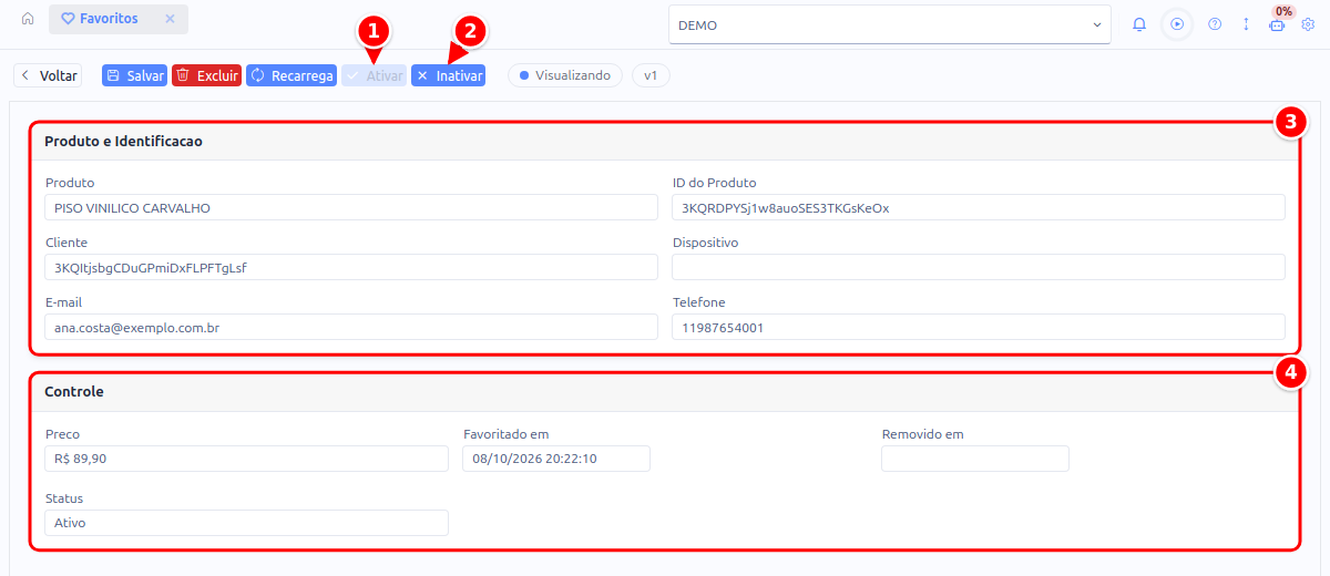 Favorito aberto com os botões Ativar e Inativar e os cartões Produto e Identificacao e Controle numerados de 1 a 4