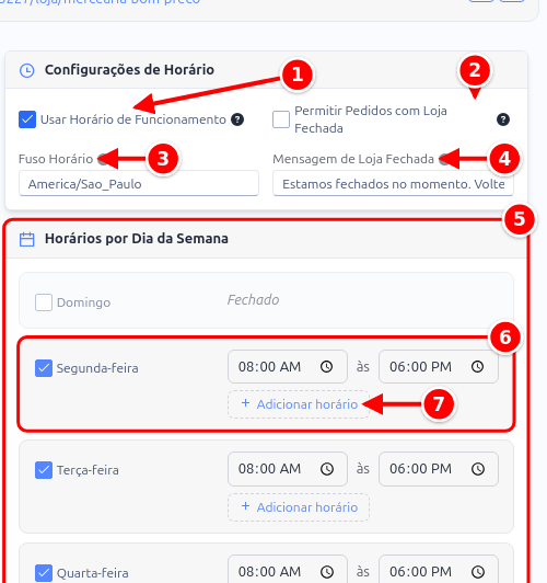 Aba Horário com as configurações de horário e os horários por dia da semana numerados de 1 a 7