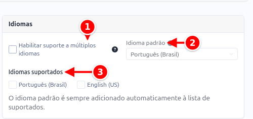 Card Idiomas com o suporte a múltiplos idiomas, o idioma padrão e os idiomas suportados numerados de 1 a 3