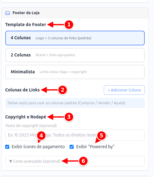 Card Footer da Loja com o template, as colunas de links, o copyright, os ícones de pagamento, o Powered by e as cores avançadas numerados de 1 a 6