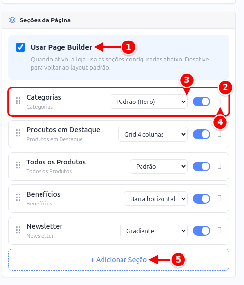 Card Seções da Página com o page builder, uma linha de seção, o template, a lixeira e o botão Adicionar Seção numerados de 1 a 5