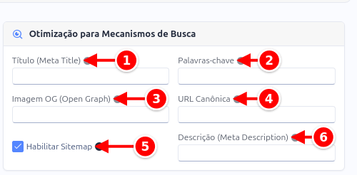 Card Otimização para Mecanismos de Busca com os campos numerados de 1 a 6