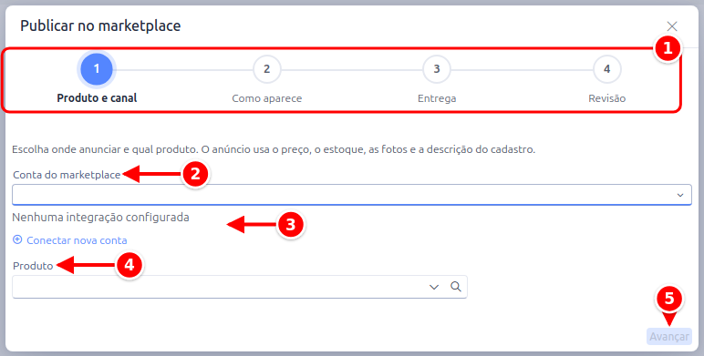 Assistente Publicar no marketplace na primeira etapa, com o indicador de etapas, a conta, o aviso de integração, o produto e o botão Avançar numerados de 1 a 5