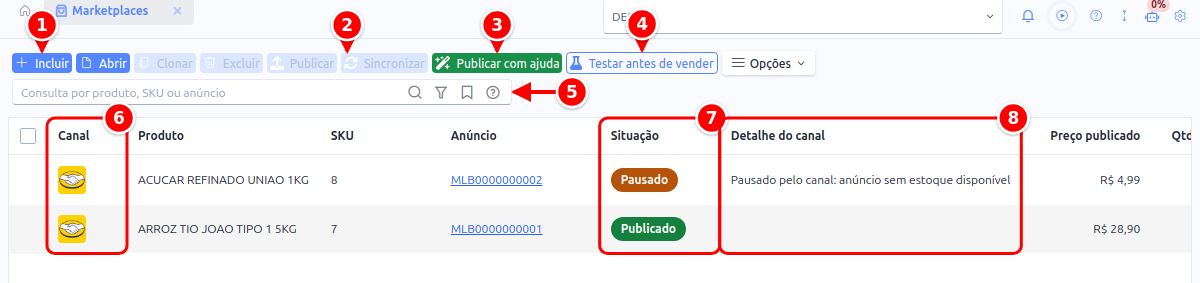Lista de anúncios com os botões Incluir, Publicar, Sincronizar, Publicar com ajuda e Testar antes de vender, a consulta e as colunas Canal, Situação e Detalhe do canal numerados de 1 a 8