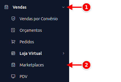 Menu lateral com Vendas e Marketplaces numerados de 1 a 2