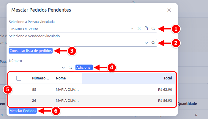 Janela Mesclar Pedidos Pendentes com a pessoa, o vendedor, a consulta, o número do pedido, a grade e o botão Mesclar Pedidos numerados de 1 a 6