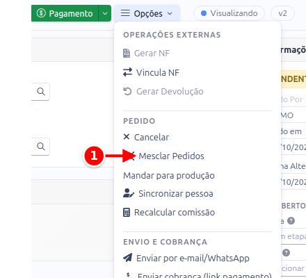 Menu Opções do pedido com a opção Mesclar Pedidos numerado com o 1