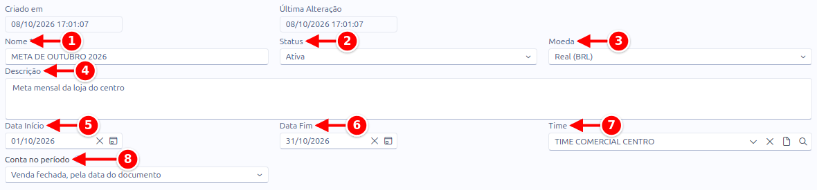 Cadastro da meta com o nome, o status, a moeda, a descrição, as datas, o time e o campo Conta no período numerados de 1 a 8