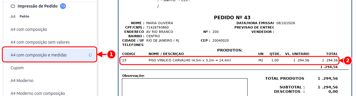 Visualizador de impressão com o modelo A4 com composição e medidas e a linha do produto com a medida numerados de 1 a 2