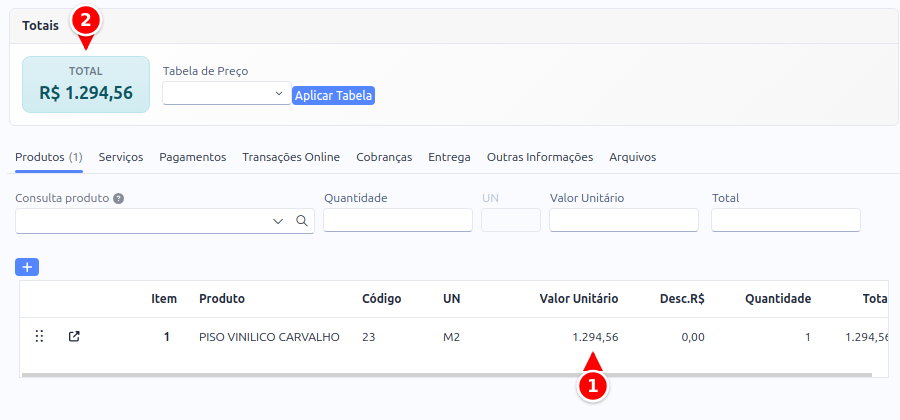 Pedido com o item de metragem na grade e o total do pedido numerados de 1 a 2