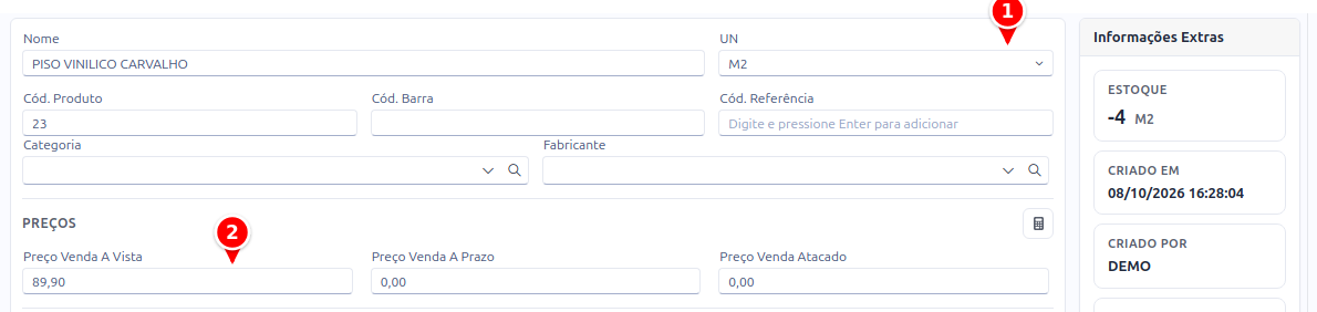 Cadastro do produto com a unidade M2 e o preço de venda numerados de 1 a 2