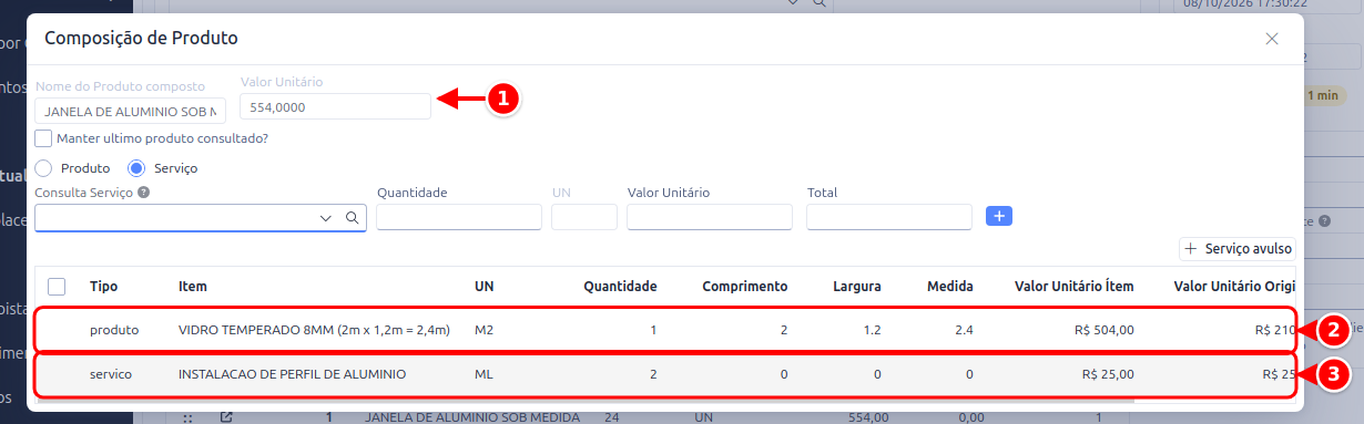 Composição com o valor do produto composto, o produto em M2 e o serviço em ML numerados de 1 a 3