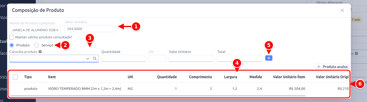 Tela Composição de Produto com os dados do produto composto, a escolha entre produto e serviço, a consulta, os campos do item e a grade numerados de 1 a 6
