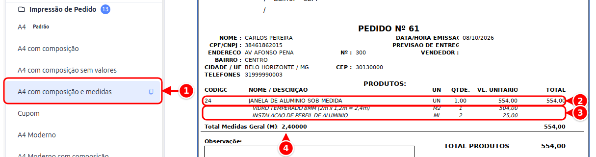 Visualizador de impressão com o modelo A4 com composição e medidas, o produto composto, os itens da composição e o total de medidas numerados de 1 a 4